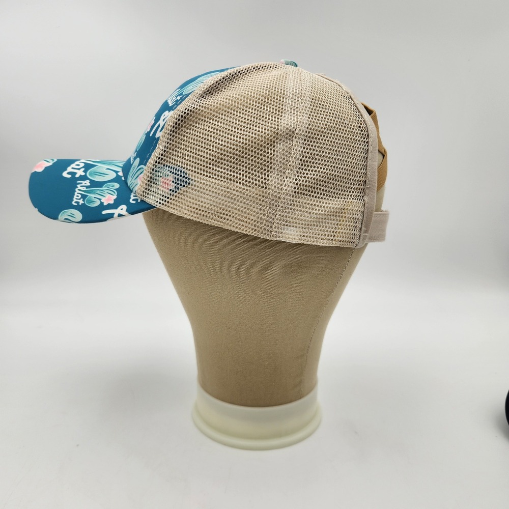 Womens Cactus Print Ponytail Trucker Hat Teal Tan Mesh Baseball Cap EUC - Picture 6 of 10